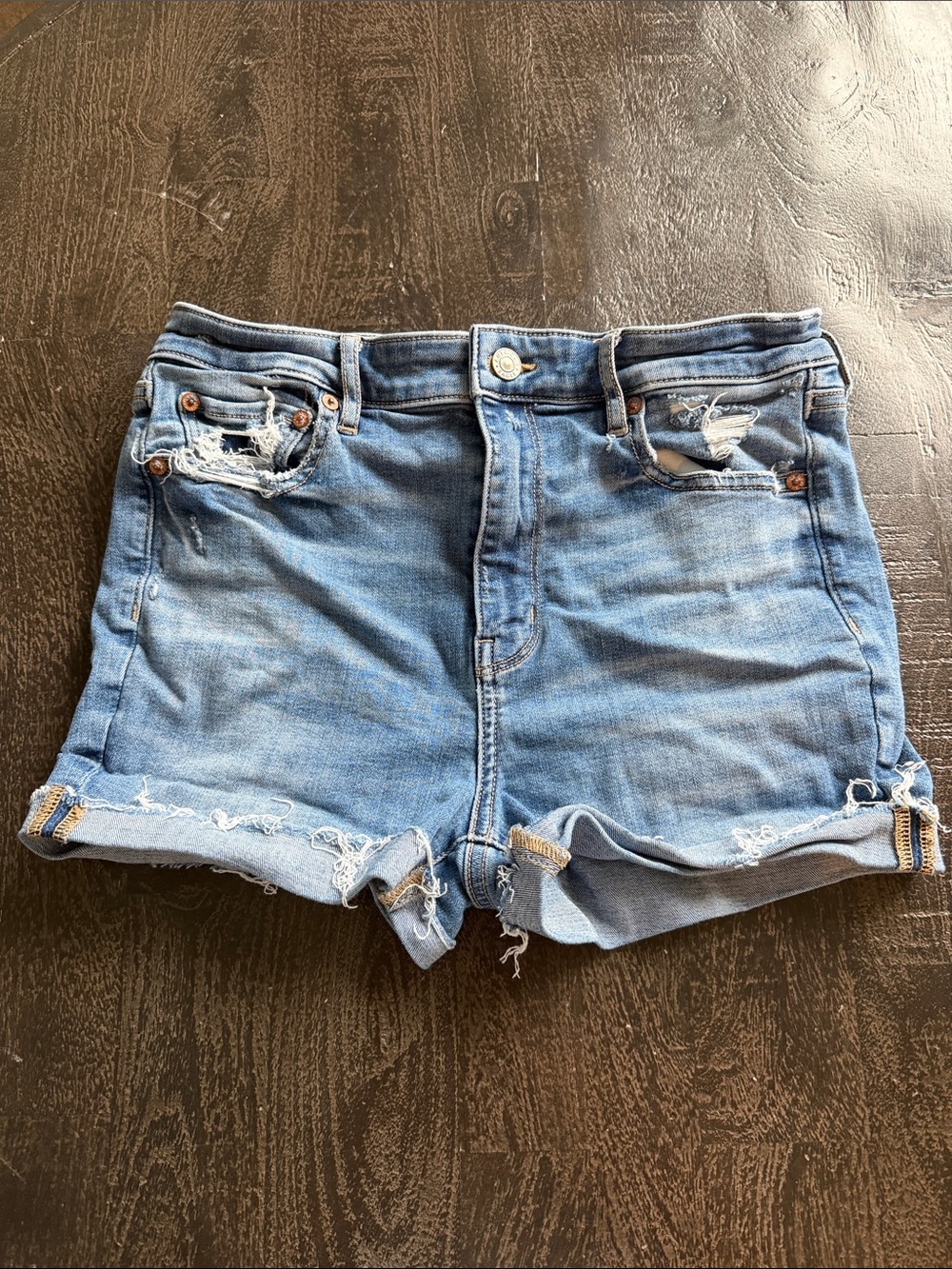 American Eagle Outfitters Light Wash Distressed Roll-Hem Jean Shorts